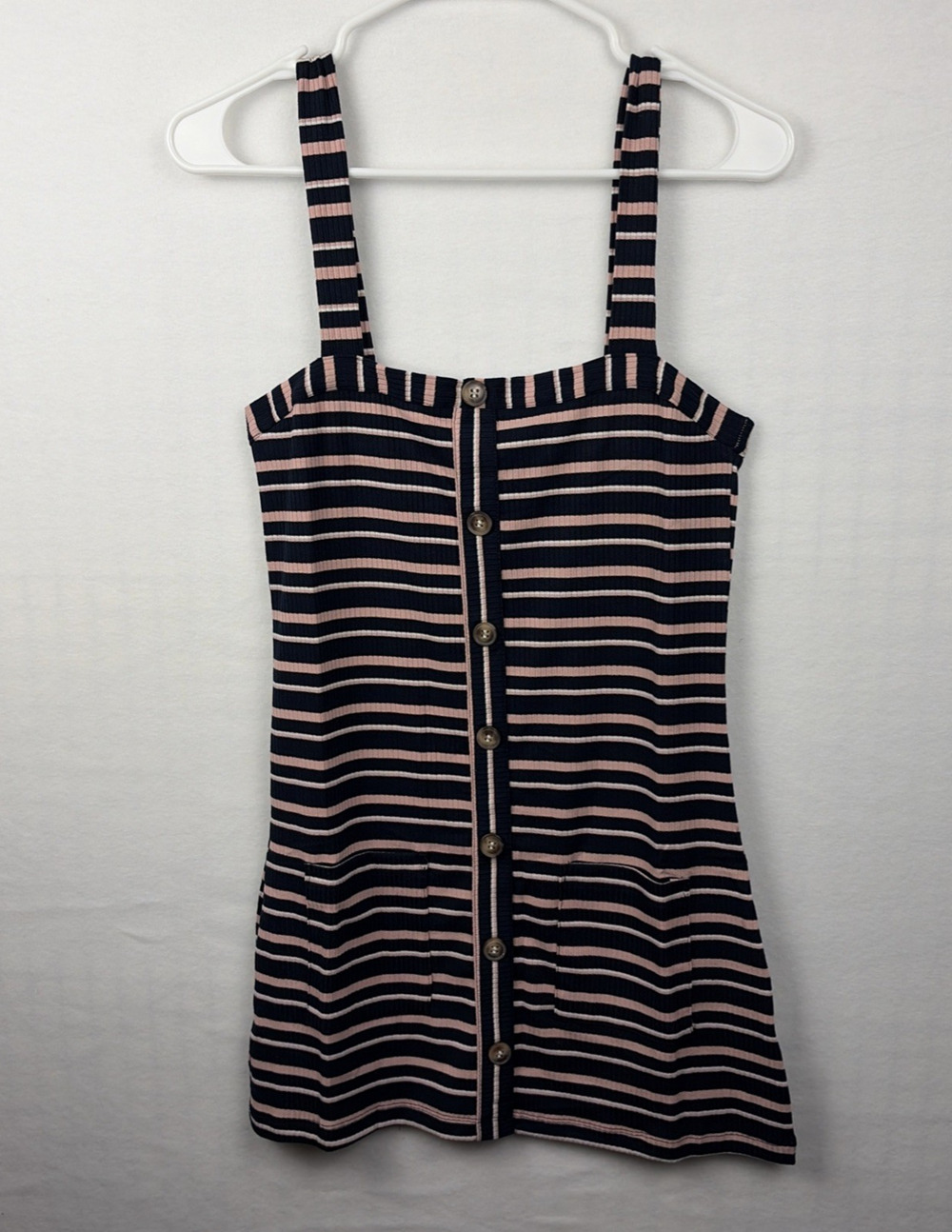 Olivaceous Ribbed Knit Tank Mini Dress Medium Navy Blue Pink Stripes Pockets